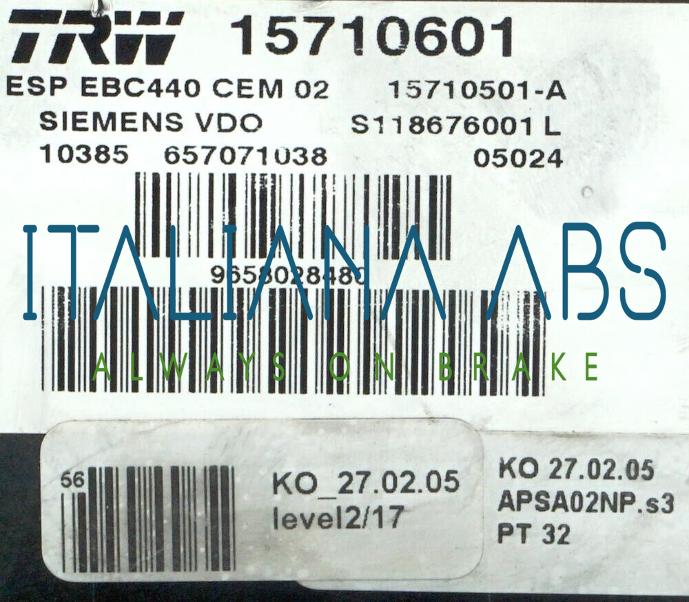 Centralina ABS PEUGEOT, codici identificativi: 15710601 S118676001L 9658028480