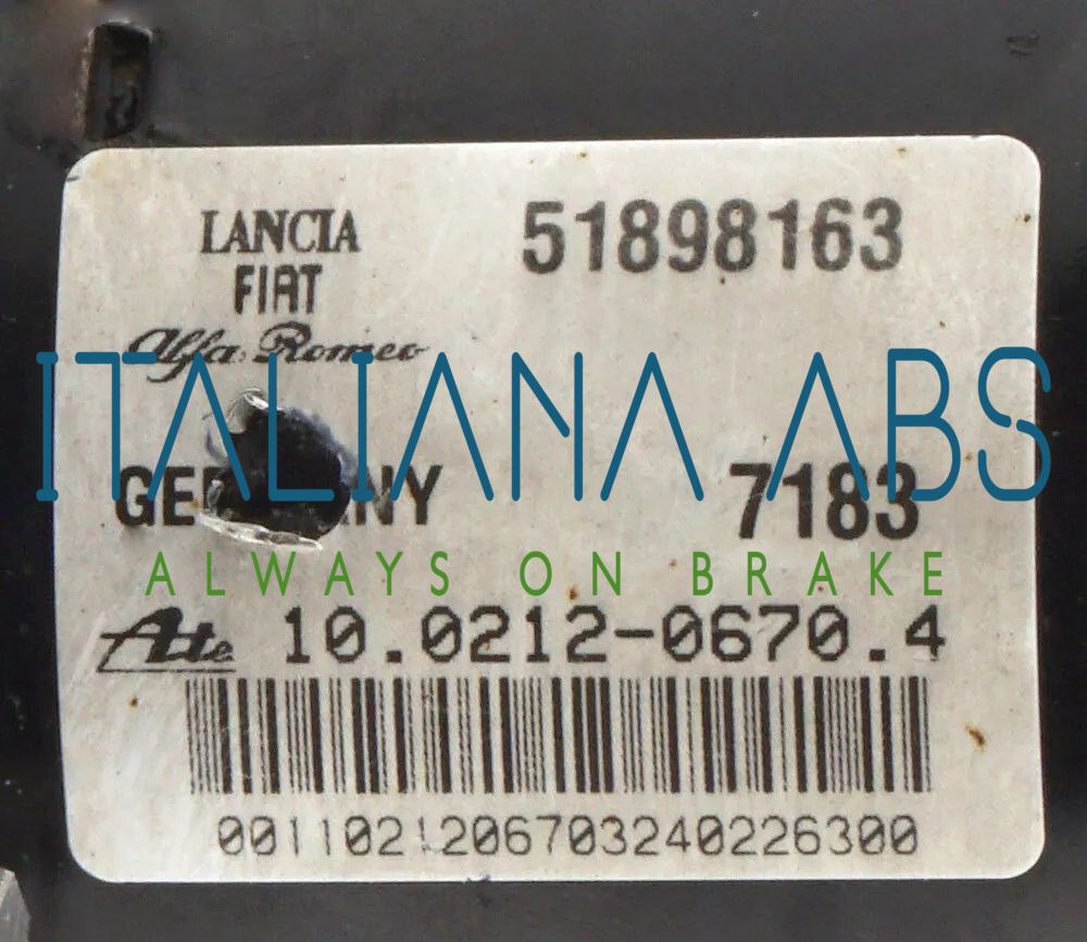 Centralina ABS Alfa Romeo, codici identificativi: 51898163 10021206704 10096128073