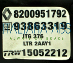 Centralina ABS RENAULT, codici identificativi: 8200951792 93863319 15052212