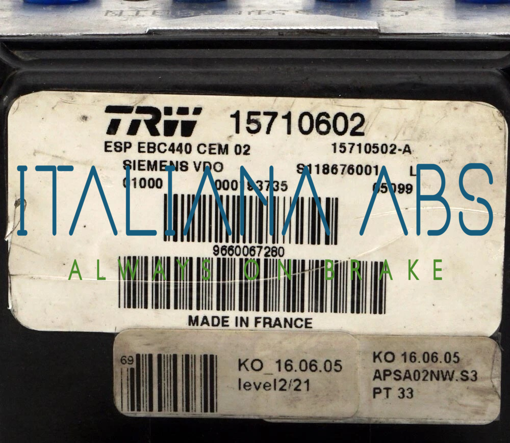 Centralina ABS PEUGEOT, codici identificativi: 9660067280 15710602 15710502A